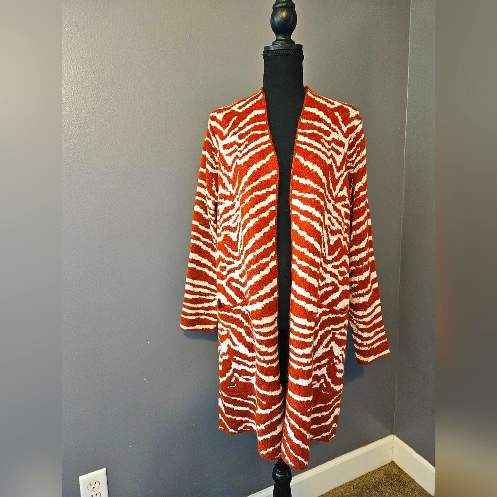 NWT Animal Print Orange and White Cardigan
